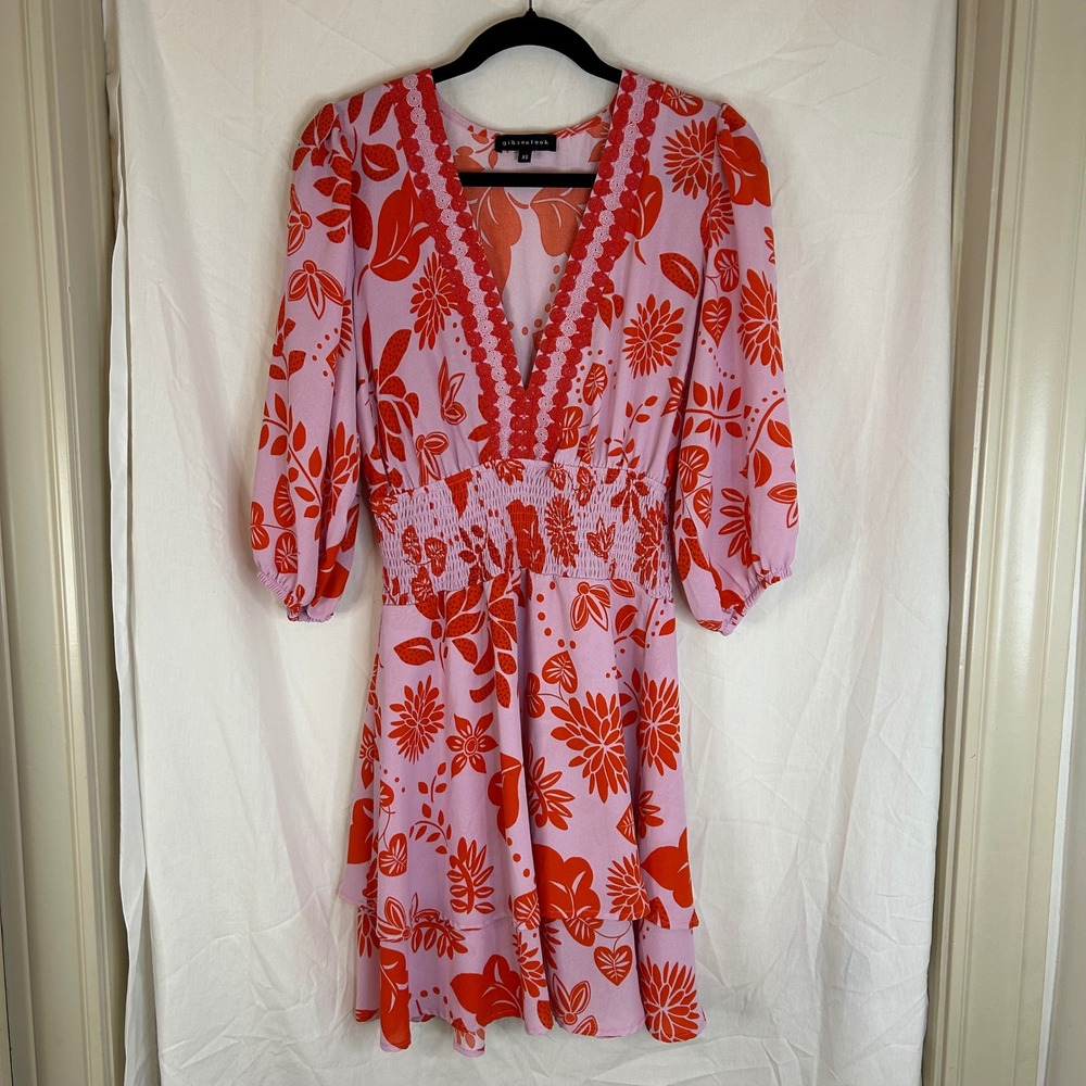 Gibson Look Floral Print Mini Dress Smocked Waist V Neck XS